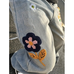 复古花朵刺绣水洗牛仔裤男设计感宽松情侣直筒休闲阔腿裤 NE05图片