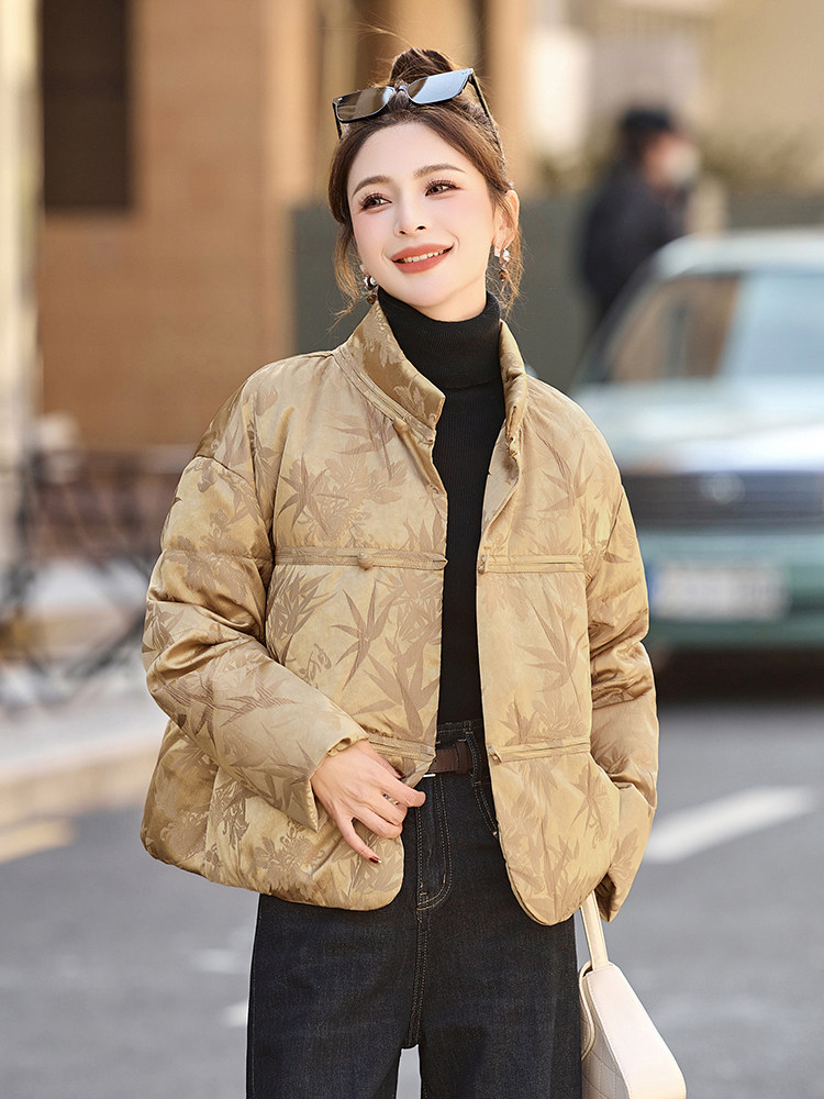 新中式国风提花短款羽绒服女2025冬季新款独特气质盘扣白鸭绒外套,女装羽绒服,橙子家