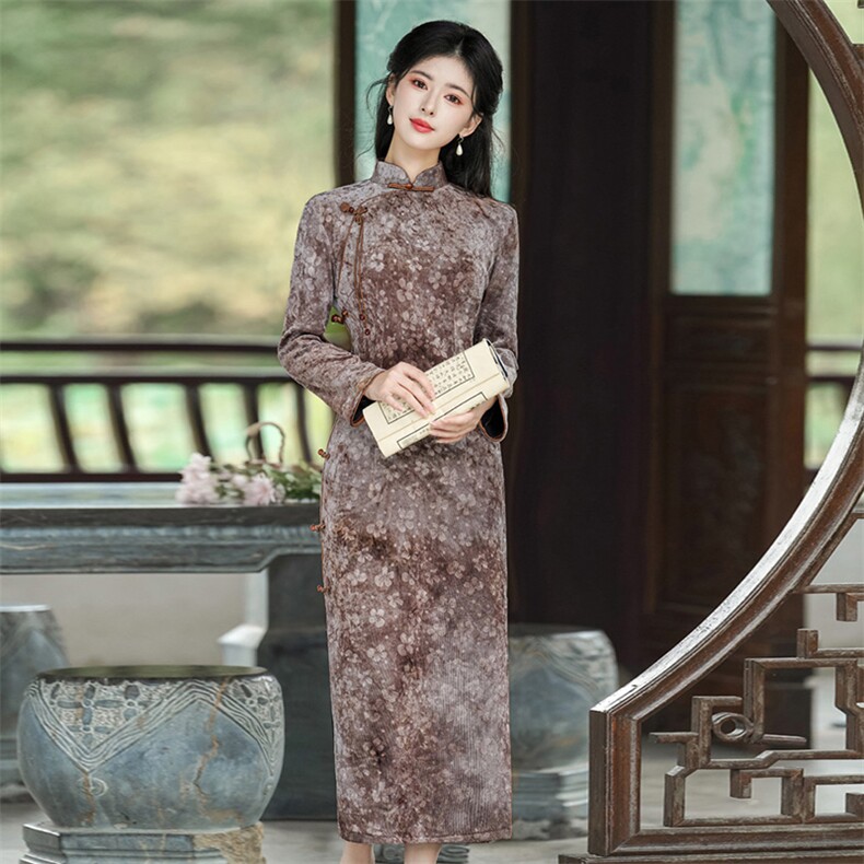 新中式风立领流苏盘扣纤格绒加绒旗袍2653P155,女装汉服/婚纱/旗袍/礼服,乐衣轩