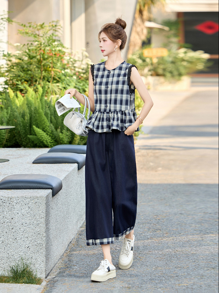 韩里韩气穿搭套装女2025夏新款休闲减龄格子无袖牛仔阔腿裤一整套,女装套装/套裙,艾尚靓装