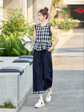 韩里韩气穿搭套装女2025夏新款休闲减龄格子无袖牛仔阔腿裤一整套，女装套装/套裙，艾尚靓装