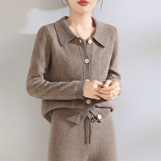 2025年秋季时尚百搭通勤简约开衫翻领套装，女装套装/套裙，鹏源羊绒