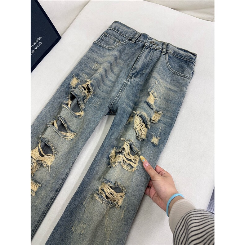 B221美式ins高街暗黑宽松直筒破洞牛仔裤LK25504-特P45控78，男装牛仔裤，电商B221