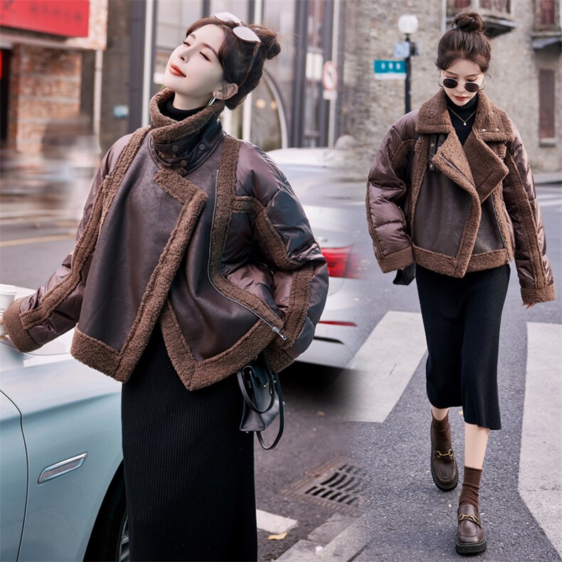龙叨叨秋冬新款潮流复古拼接设计感皮质百搭毛领时尚夹克外套，女装羽绒服，意芙