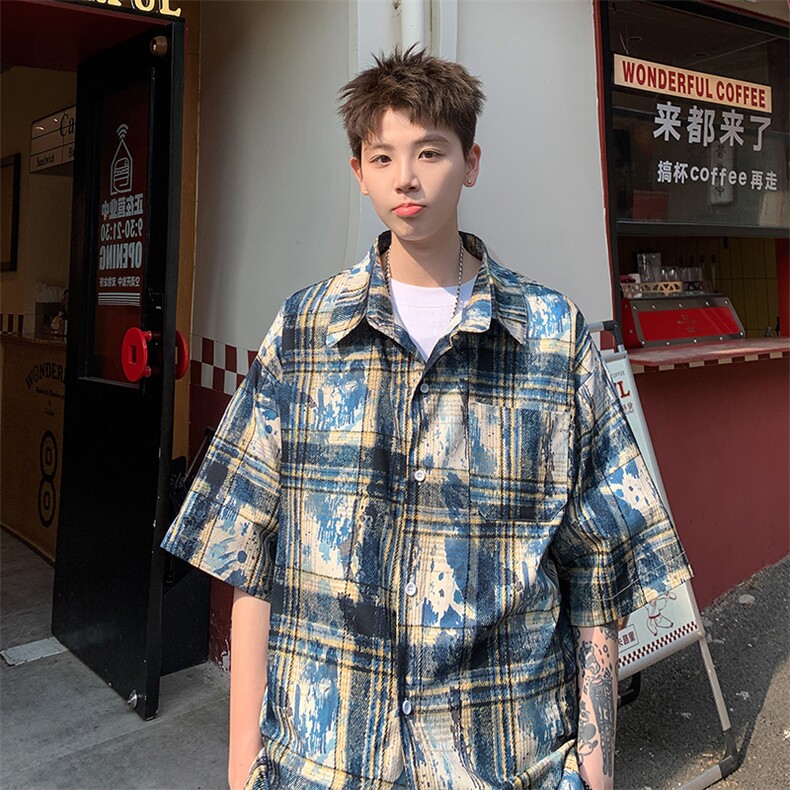 2025美式扎染印花冰丝凉感格子短袖衬衫薄套装TZ5600/特P45蓝色,男装T恤,电商A094
