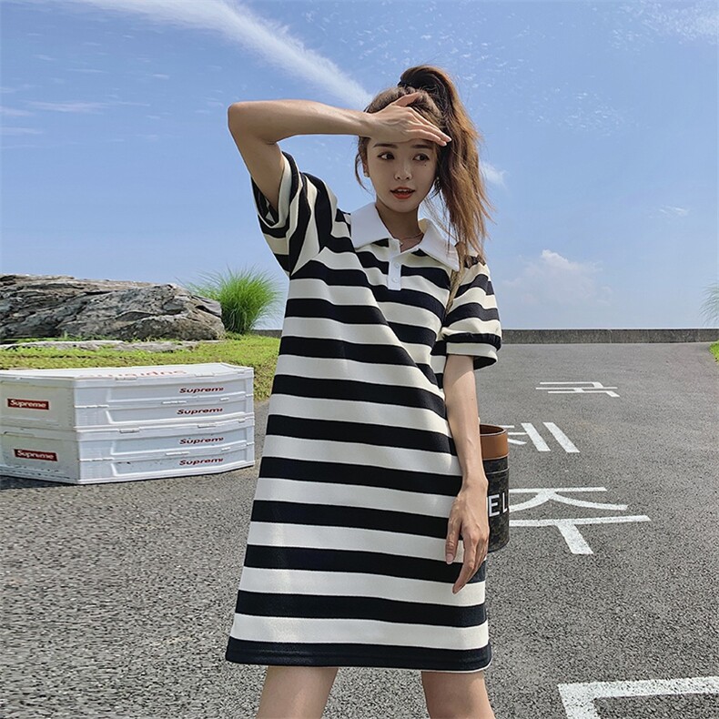 慵懒风休闲条纹拼色T恤连衣裙女2025夏季新款宽松遮肉Polo衫裙子,女装连衣裙,唯依ONLY