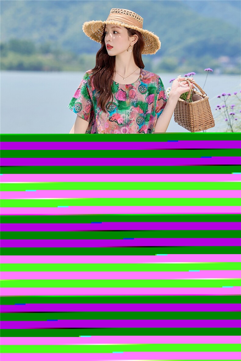 时尚印花圆领棉麻连衣裙女2026夏薄款舒适小个子休闲宽松显瘦裙子,女装连衣裙,倪叶myz