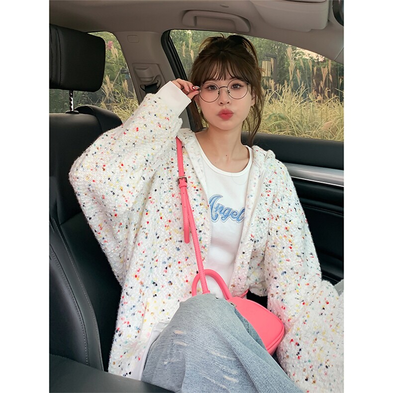 新款针织秋装韩版oversize男女同款连帽开衫卫衣外套HY629P75图片
