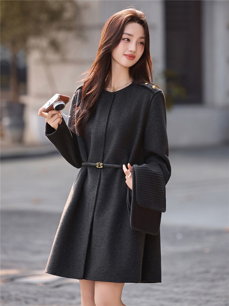 双面羊毛大衣女2025秋冬新款小香风围巾赫本风气质显瘦毛呢外套潮,女装双面呢大衣,丽美静依