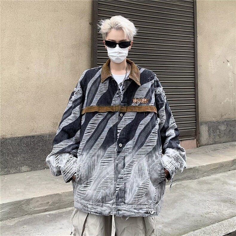 复古水洗破损牛仔外套2025秋季新款小众设计感宽松百搭休闲夹克，男装工装外套，星座1210-1