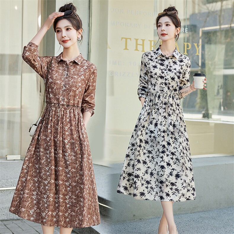 法式复古碎花棉麻连衣裙女2024春秋新款气质收腰中长款印花衬衫裙，女装连衣裙，鑫思依格