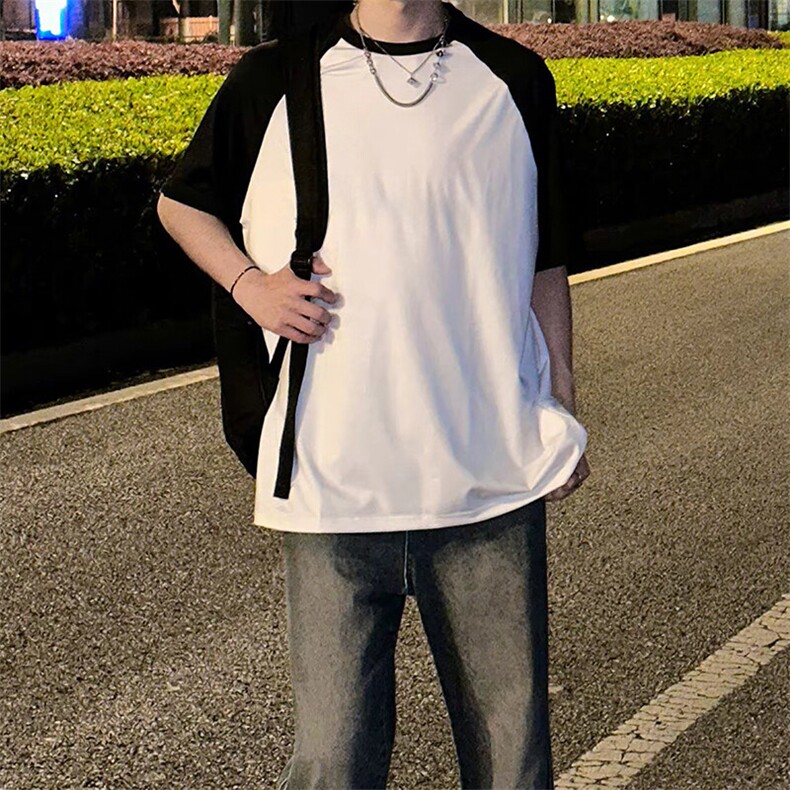 抖音得物高品质二开240克宽松纯棉美式潮牌插肩袖拼接短袖T恤,男装T恤,电商A486-1