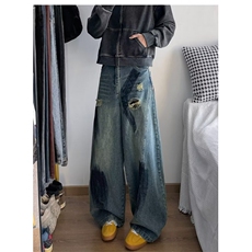 时尚美式复古灯笼廓形锥形涂鸦破洞显瘦垂感拖地男女阔腿牛仔裤潮，男装休闲裤，星座1013