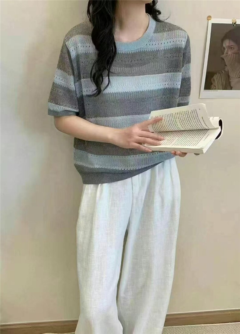 天丝亚麻拼色条纹圆领T恤,针织衫/毛衣,天佑贝依