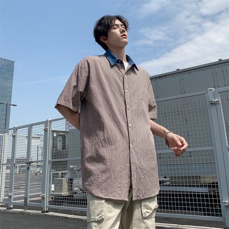 夏季格子衬衣日系复古中性情侣衬衫学院风宽松外套潮CS05,男装衬衫,星座1116A-1（原606A）