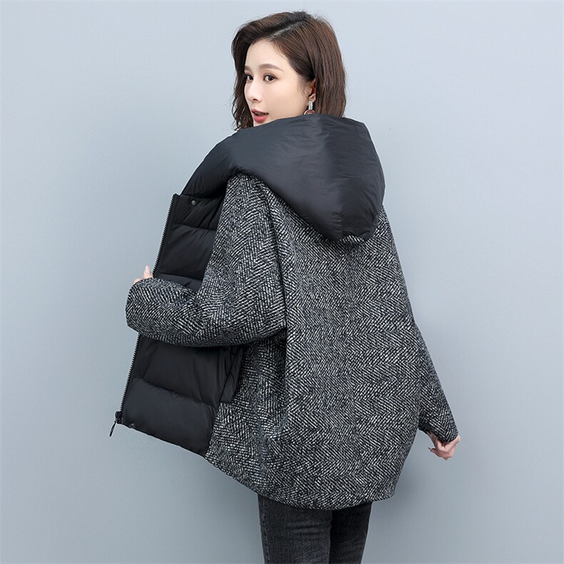 2024羊毛毛呢拼接棉衣棉服加厚保暖外套宽松女装冬装,女装棉衣/棉服,涵誉