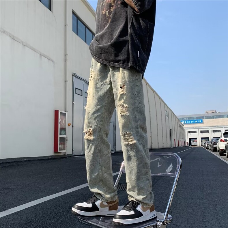 美式高街水洗做旧破洞牛仔裤男ins潮牌欧美宽松直筒长裤N0838-P48,男装牛仔裤,星座308B-1
