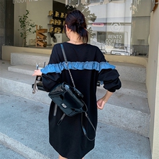 木耳边拼接长袖连衣裙女2024秋季新款设计感小众宽松显瘦卫衣裙潮，女装连衣裙，2C205