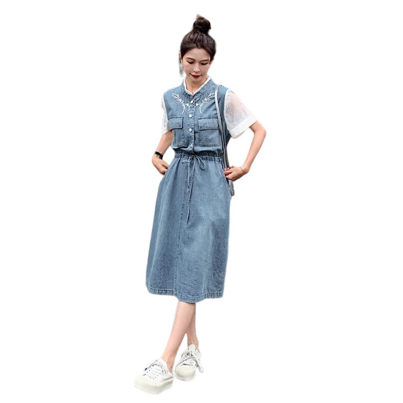 时尚显瘦夏季牛仔连衣裙中长款女清新减龄刺绣设计百搭休闲风,女装连衣裙,秋水欣儿