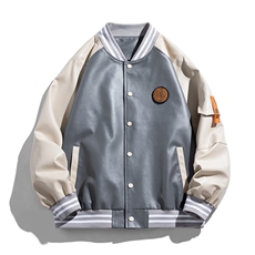 主推中性风美式字母刺绣pu皮衣棒球服街头百搭宽松情侣夹克外套，男装夹克，电商A409-1
