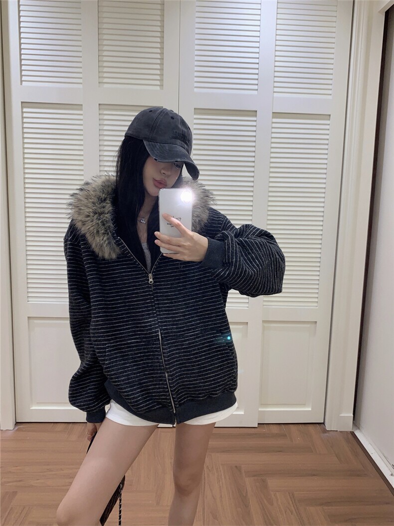 网图美式复古条纹毛领连帽卫衣外套女秋季休闲宽松开衫上衣特P79,女装短外套,电商C306-1