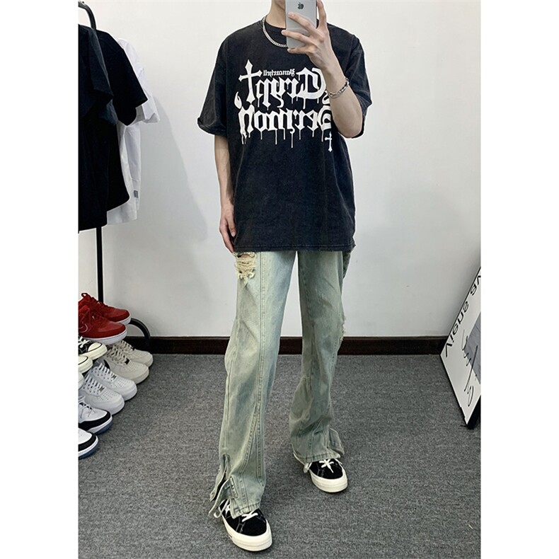 B221美式ins高街暗黑系拉链设计破洞牛仔裤LK23070-P65控88,男装牛仔裤,电商B221