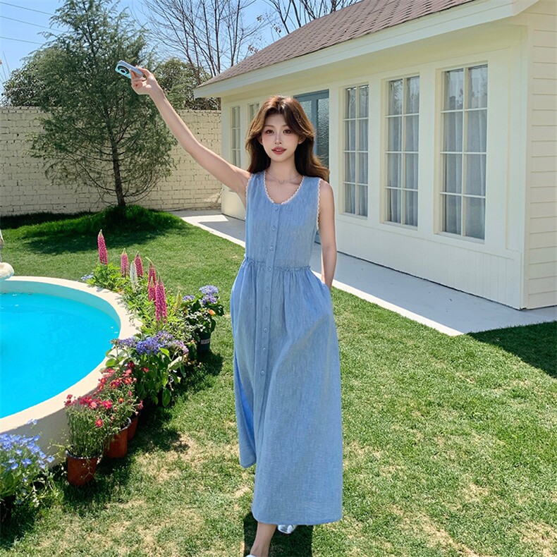 蓝色时尚设计感花边背心连衣裙女2025夏季新款浪漫度假风过膝长裙,女装连衣裙,浙宝276（原081）