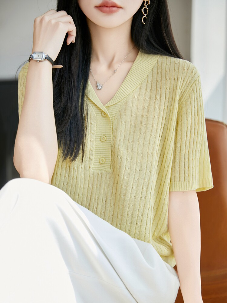 纽花针织T恤纯色纽扣短袖,女装T恤,枫宸羊绒