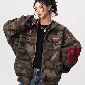 美式复古迷彩开衫连帽卫衣男女秋季潮牌百搭夹克宽松休闲帽衫外套
