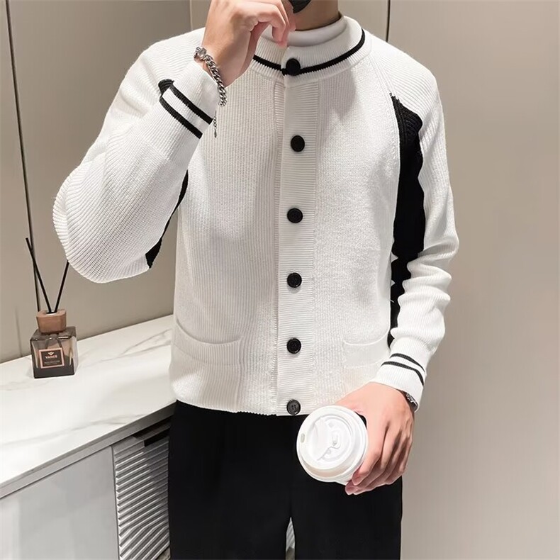 轻熟风修身圆领撞色棒球服款开衫单排扣学院风针织外穿毛衣S599,男装针织衫/毛衣,星座1116A-2（原606A-1）