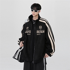 春季新款美式側条纹棒球服男麂皮绒夹克高街痞帅运动外套潮p68，男装夹克，电商C307