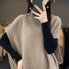 秋冬新款100%羊毛衫马甲女高领蝙蝠袖坎肩宽松慵懒羊绒衫针织毛衣，女装羊毛衫，迅太羊绒