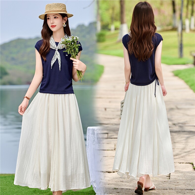 韩系高级感穿搭女针织短袖收腰夏季新款圆领配丝巾半身裙三件套，女装套装/套裙，米尚