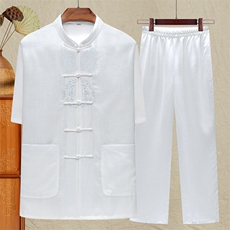 中老年风唐装棉麻短袖衬衫套装男士夏装薄款太极服爷爷套装，男装中老年男装，钱塘723