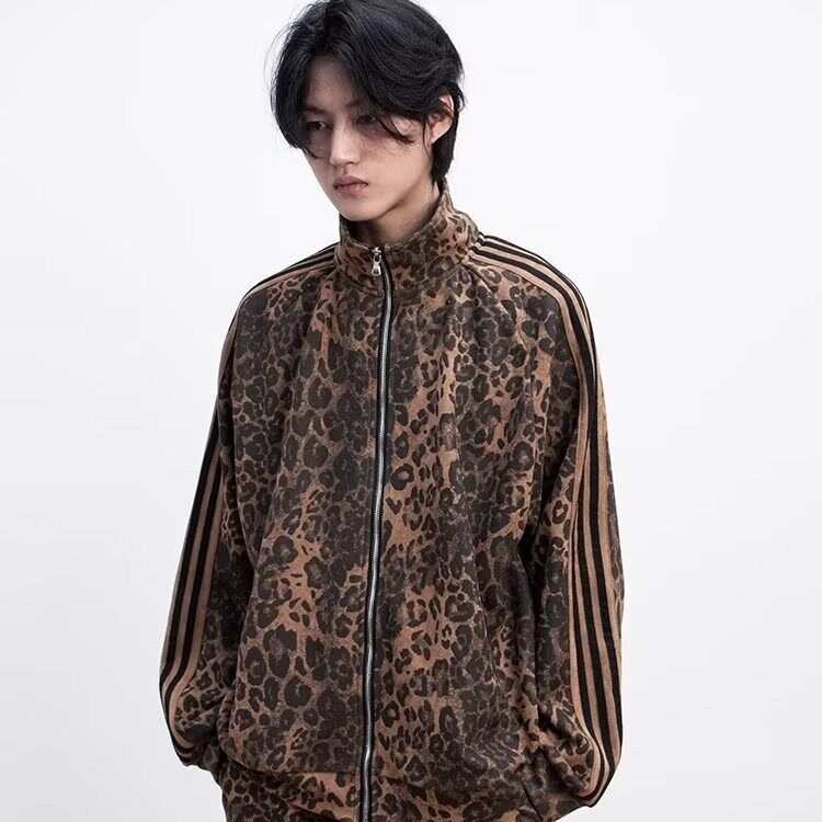 美式潮牌嘻哈街舞豹纹外套男女秋季情侣宽松运动条纹拉链夹克,男装夹克,星座1210-1