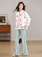 现货春季新款新中式小马刺绣两面穿立领马甲+刺绣缎面衬衫两件套，女装套装/套裙，央宝儿