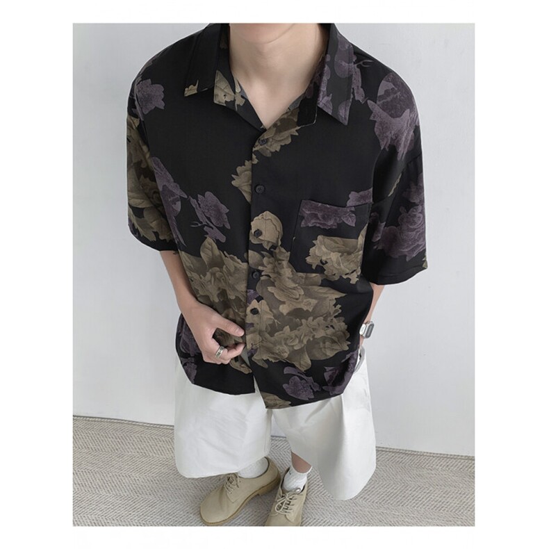 冰丝薄款印花衬衫夏季休闲ins痞帅风短袖沙滩衬衣男C0209-P35,男装T恤,星座308B-2