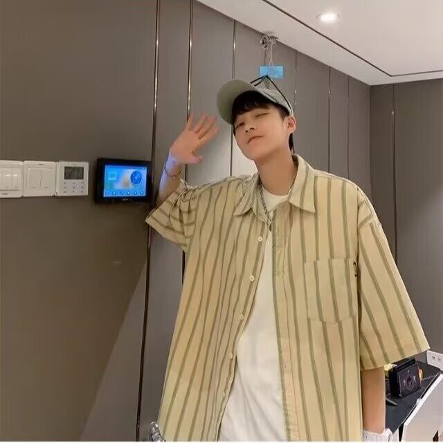 韩系ins休闲条纹撞色短袖衬衫设计感工装cityboy日系复古情侣衬衣图片
