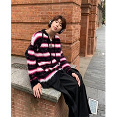 开领撞色条纹柔软仿貂毛慵懒落肩粉黑长毛休闲毛衣MY9537，男装针织衫/毛衣，星座1116A（原606A-3）