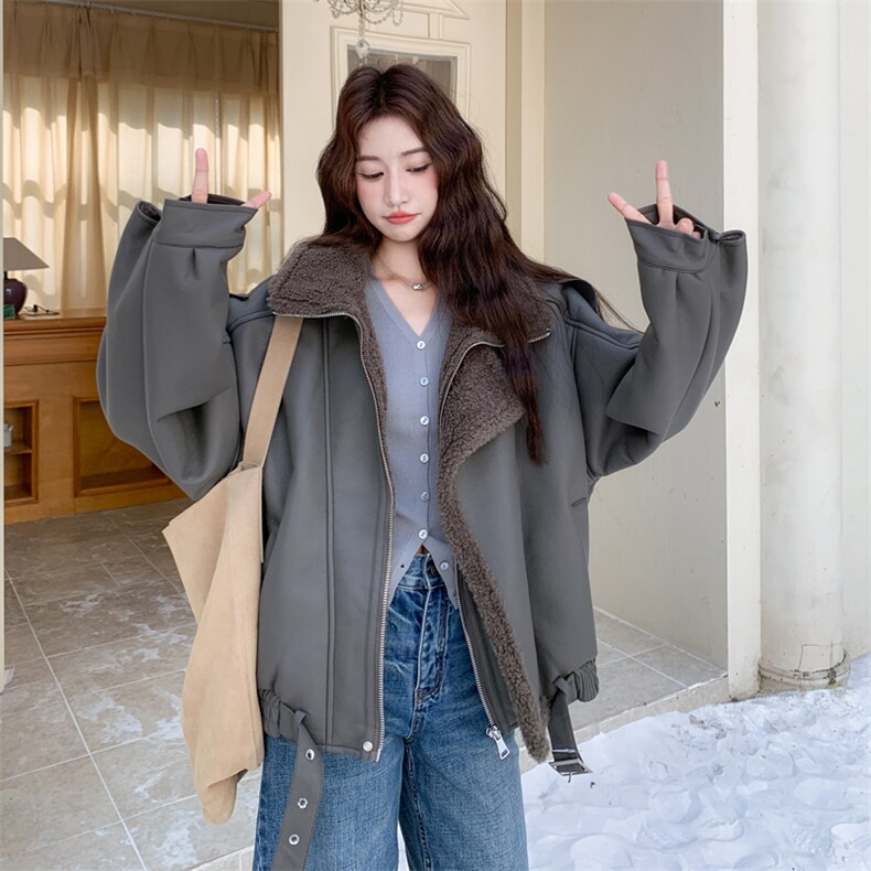 秋冬加厚女PU立领机车服羊羔毛仿皮毛一体环保皮草外套2025新款潮,女装短外套,2C278