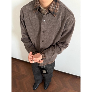咖色假两件拼接长袖衬衫男秋季老钱风翻领针织衫cleanfit短款外套图片