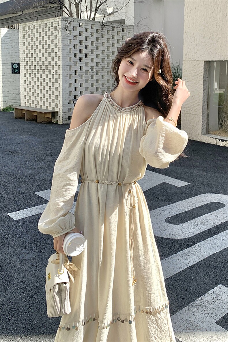法式复古露肩连衣裙女2025夏季新款RF2C290-6829#-P165-K255,女装连衣裙,蝶眷