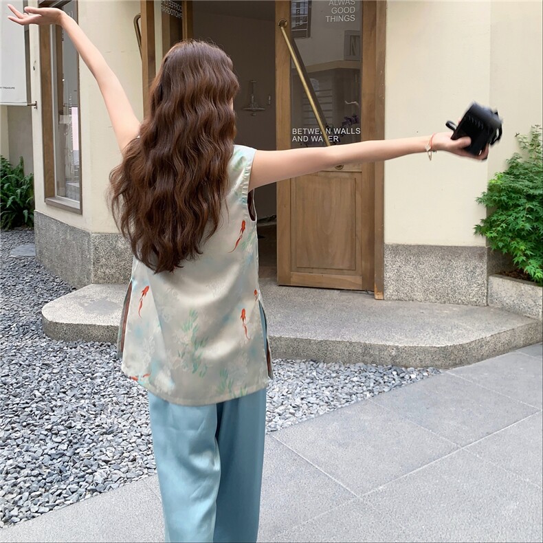 新中式国风无袖背心上衣+阔腿裤两件套女2025夏季新款时尚套装,女装套装/套裙,2C129