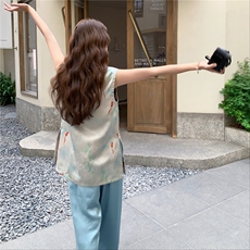 新中式国风无袖背心上衣+阔腿裤两件套女2025夏季新款时尚套装，女装套装/套裙，2C129