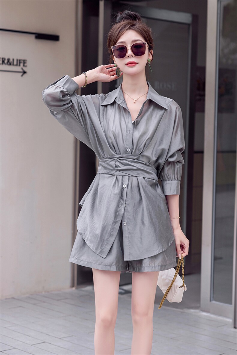 休闲时尚套装女夏季2023新款气质收腰天丝衬衫阔腿短裤两件套,女装套装/套裙,曼娅璐