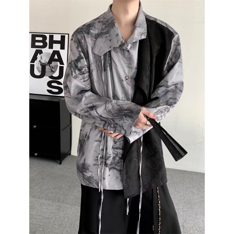 春秋复古新中式冰丝提花衬衫男女立领小众设计感水墨画风上衣,男装衬衫,星座909