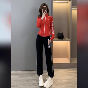 高端韩版时尚气质套装女秋新款拉链开衫红色立领上束脚长裤两件套图片