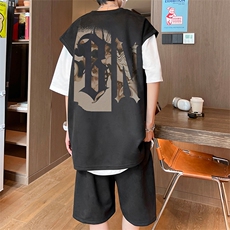 直播美式麂皮绒宽松背心无袖t恤短裤大码两件套套装TZ42-P58，男装T恤，电商A486