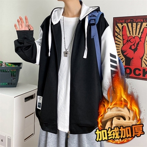 加绒加厚 暴款情侣开衫连帽卫衣港风宽松插色大码上衣外套男-P55图片