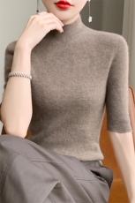 半高领毛衣女短袖2024年新款秋薄款五分袖中袖修身内搭，女装针织衫/毛衣，皓宇羊绒